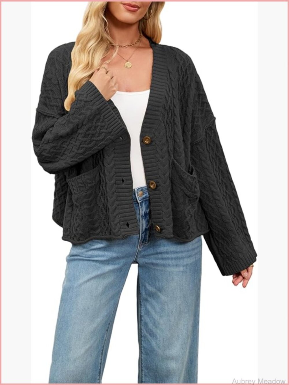 Button Up Cable Knit Cardigan with Pocket, Oversized Plus Size Knitted Sweater